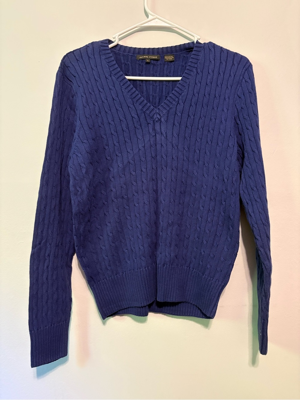 JEANNE PIERRE Cable-Knit V-Neck Sweater in Navy Blue